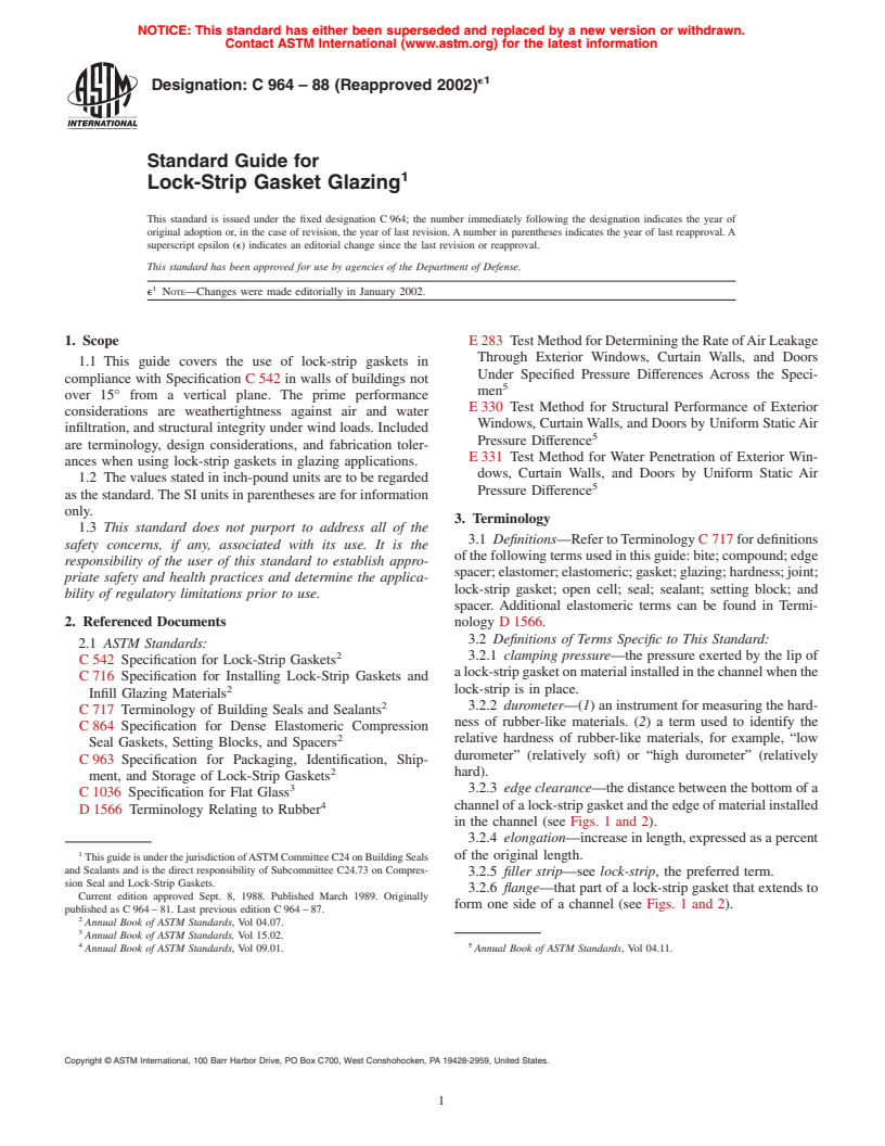 ASTM C964-88(2002)e1 - Standard Guide for Lock-Strip Gasket Glazing