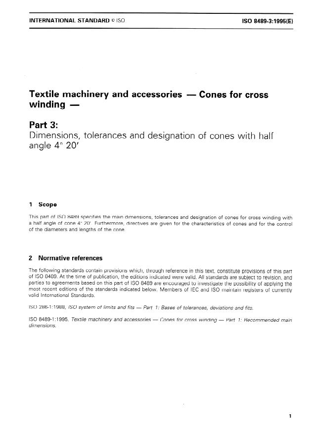 ISO 8489-3:1995 - Textile machinery and accessories -- Cones for cross winding