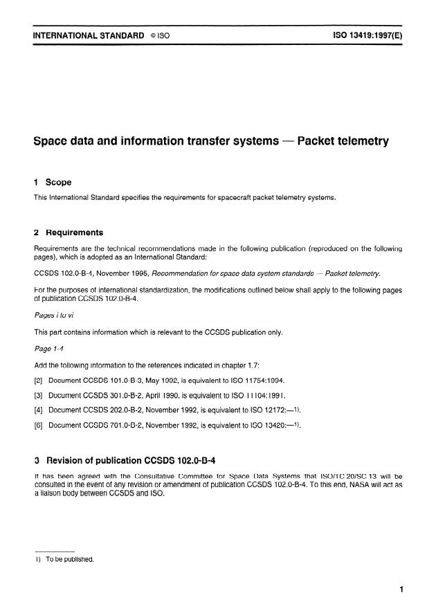 ISO 13419:1997 - Space data and information transfer systems -- Packet telemetry