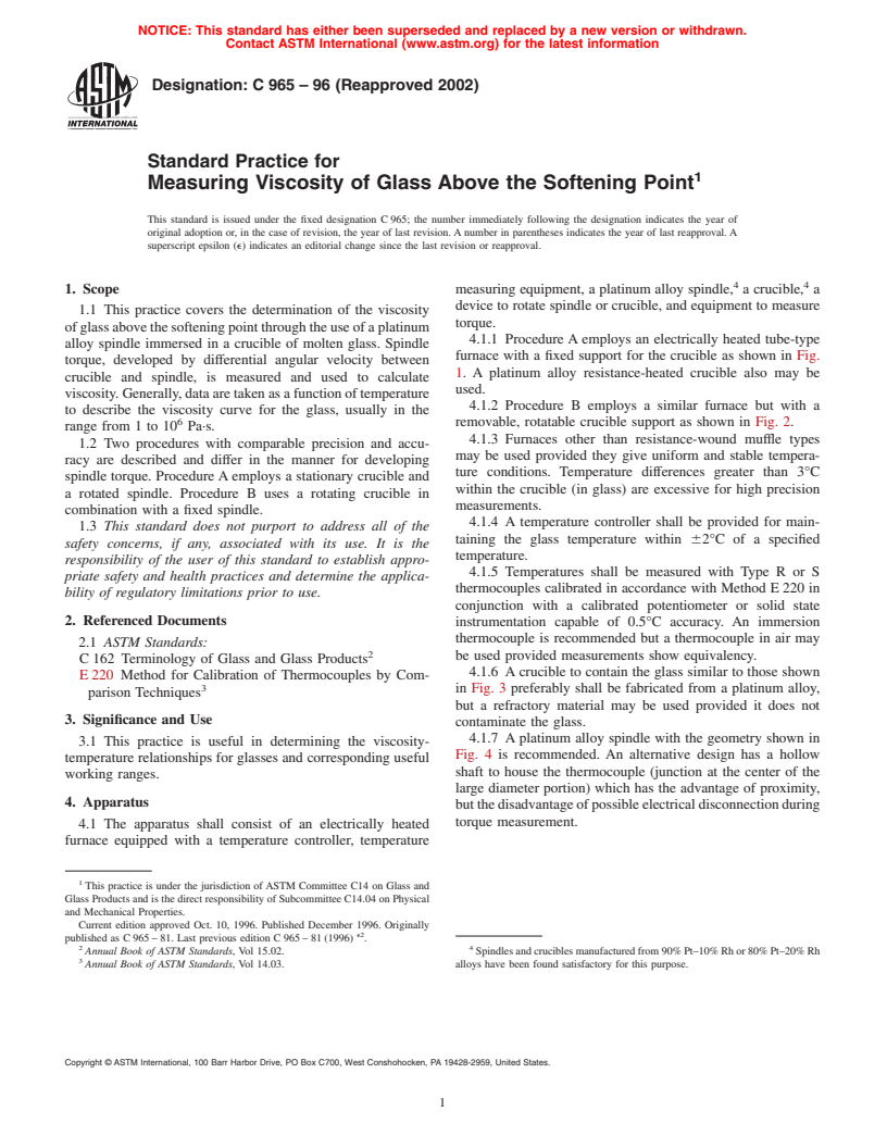 ASTM C965-96(2002) - Standard Practice for Measuring Viscosity of Glass Above the Softening Point