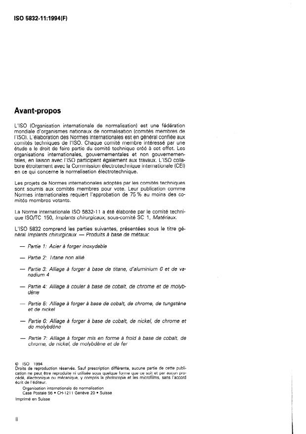 ISO 5832-11:1994 ISO 5832-11:1994 - Implants chirurgicaux -- Produits a base de métaux - Page 2 preview