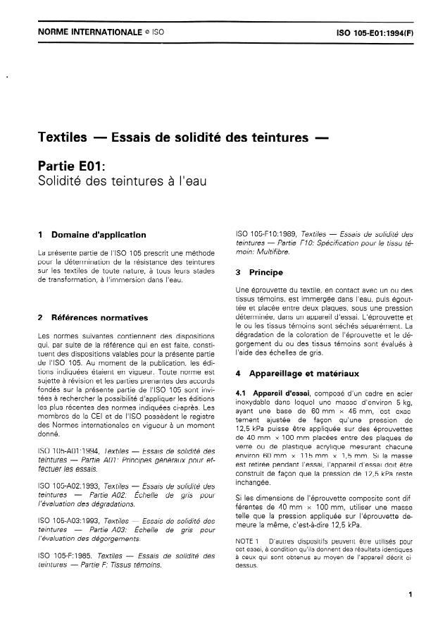 ISO 105-E01:1994 - Textiles -- Essais de solidité des teintures