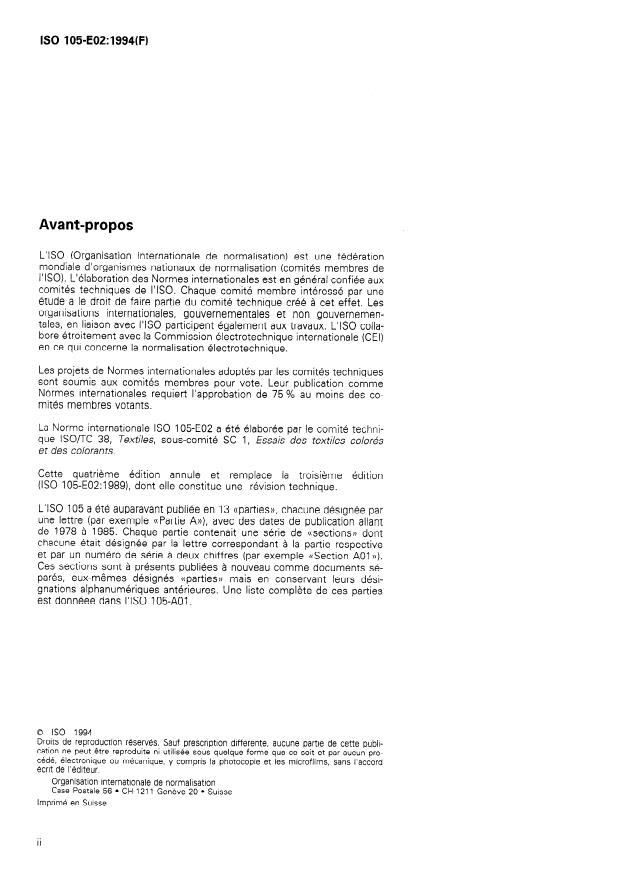 ISO 105-E02:1994 ISO 105-E02:1994 - Textiles -- Essais de solidité des teintures - Page 2 preview
