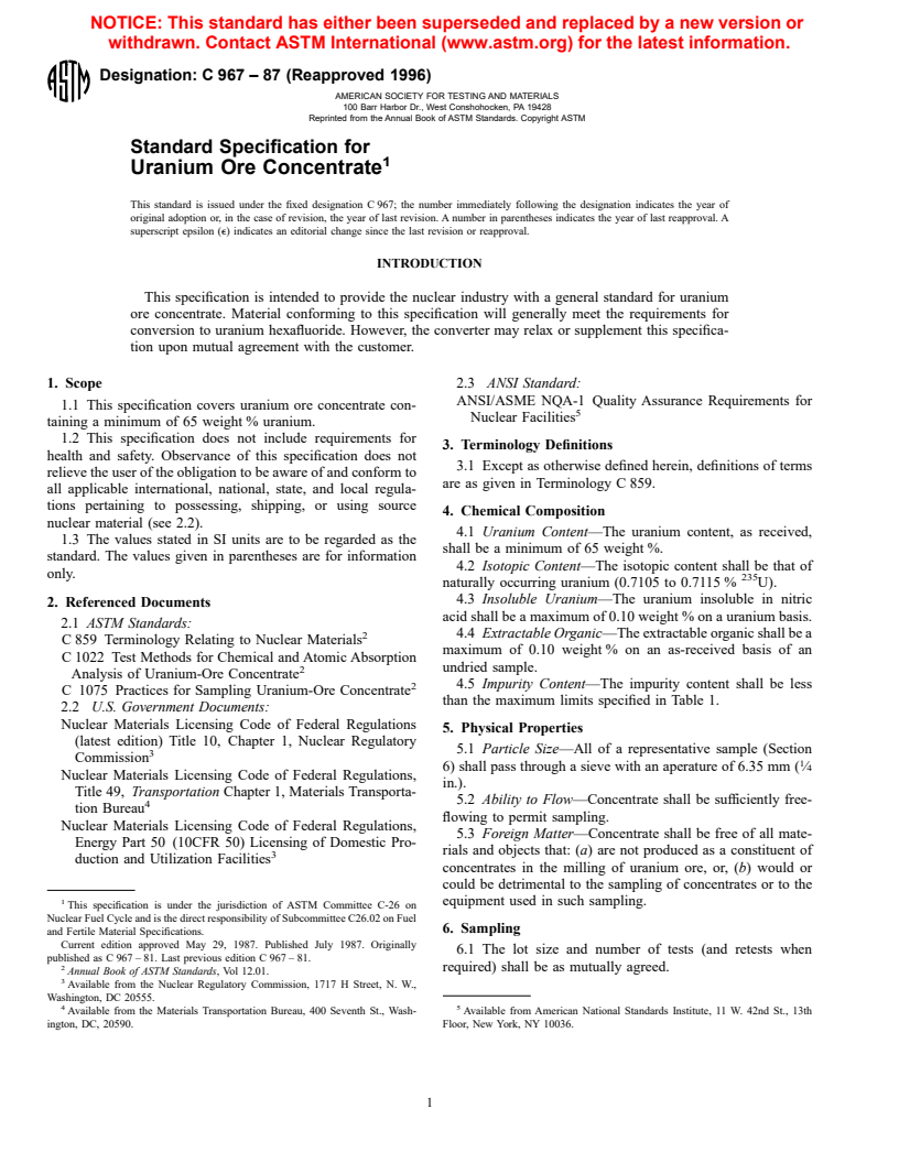 ASTM C967-87(1996) - Standard Specification for Uranium Ore Concentrate