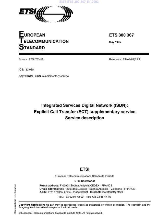 SIST ETS 300 367 E12003 Integrated Services Digital Network (ISDN