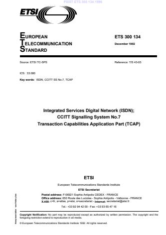Etsi Ets 300 134 Ed 1 1992 12 Integrated Services Digital Network Isdn Signalling System No 7 Transaction Capabilities Application Part Tcap