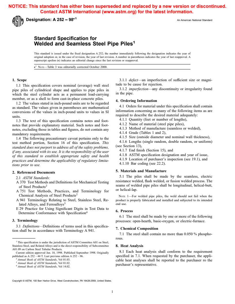 ASTM A252-98e1 - Standard Specification for Welded and Seamless Steel Pipe Piles