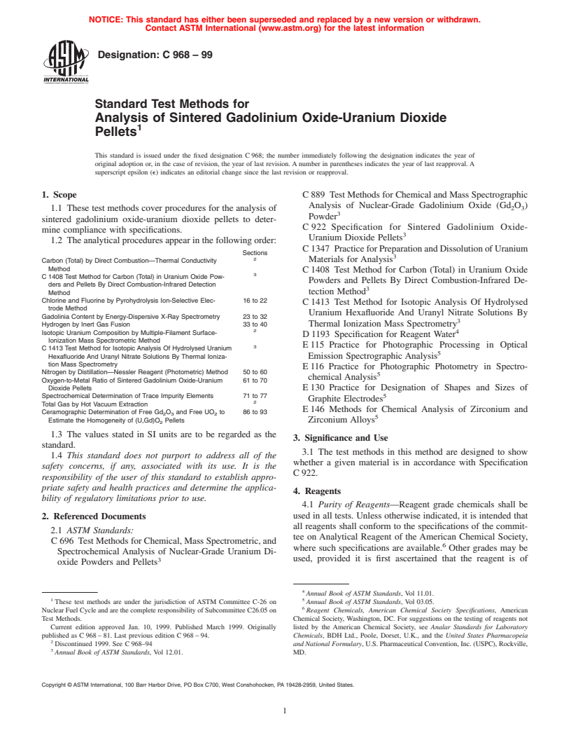 ASTM C968-99 - Standard Test Methods for Analysis of Sintered Gadolinium Oxide-Uranium Dioxide Pellets