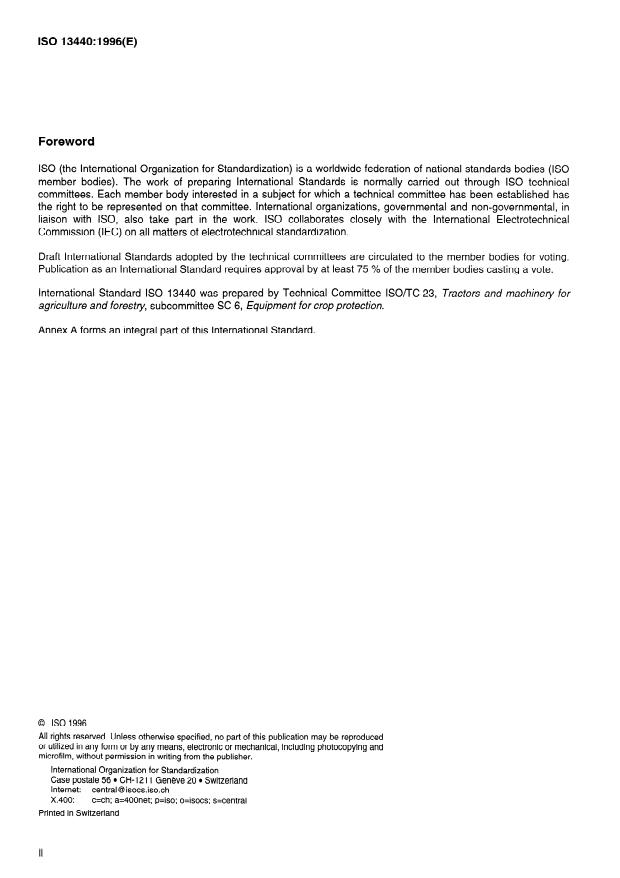 SIST ISO 13440:1999 ISO 13440:1996 - Equipment for crop protection -- Agricultural sprayers -- Determination of the volume of total residual - Page 2 preview