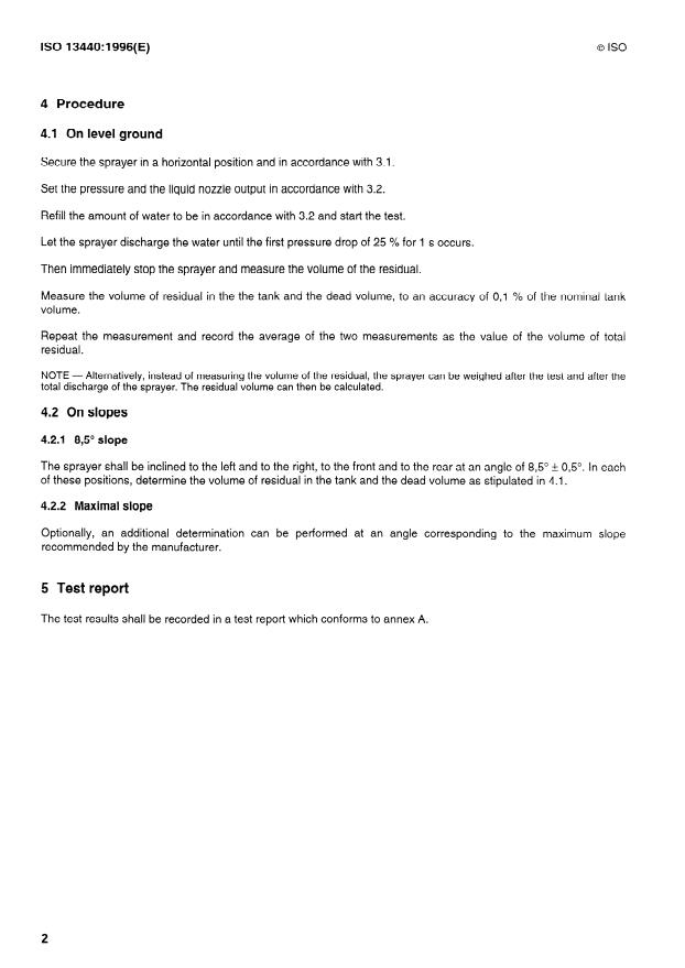 SIST ISO 13440:1999 ISO 13440:1996 - Equipment for crop protection -- Agricultural sprayers -- Determination of the volume of total residual - Page 4 preview