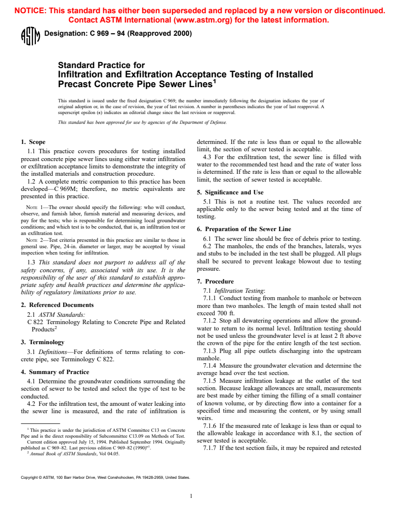 ASTM C969-94(2000) - Standard Practice for Infiltration and Exfiltration Acceptance Testing of Installed Precast Concrete Pipe Sewer Lines