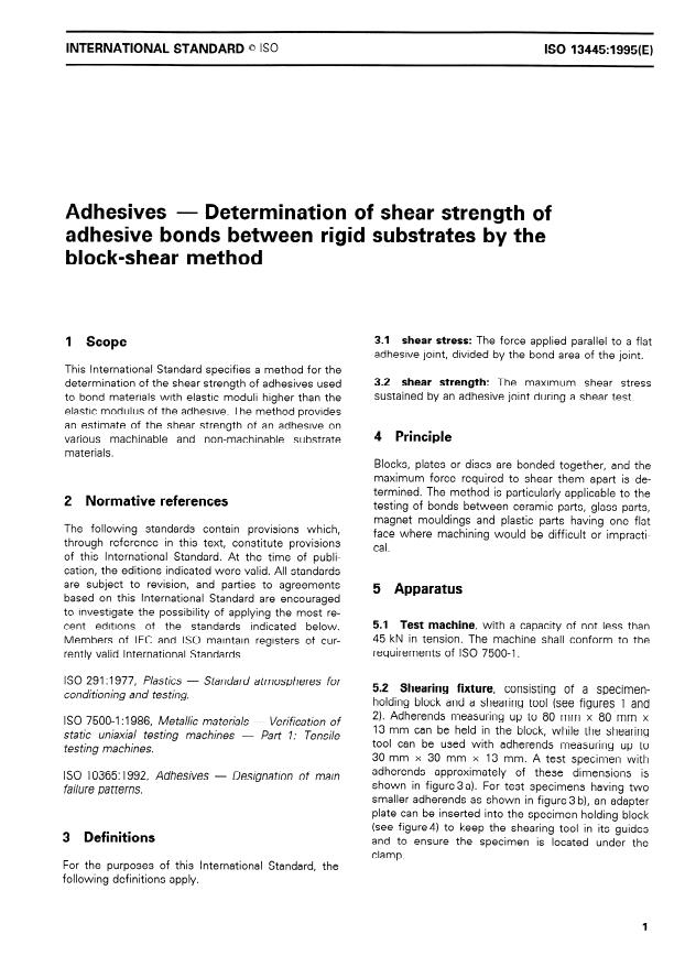 ISO 13445:1995 - Adhesives -- Determination of shear strength of adhesive bonds between rigid substrates by the block-shear method
