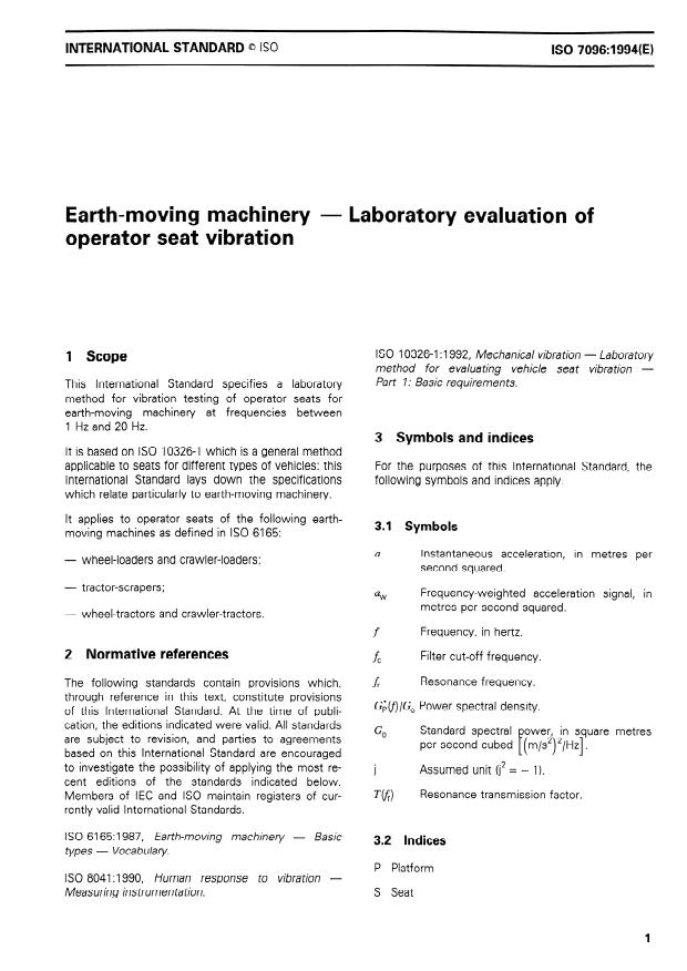 ISO 7096:1994 - Earth-moving machinery -- Laboratory evaluation of operator seat vibration