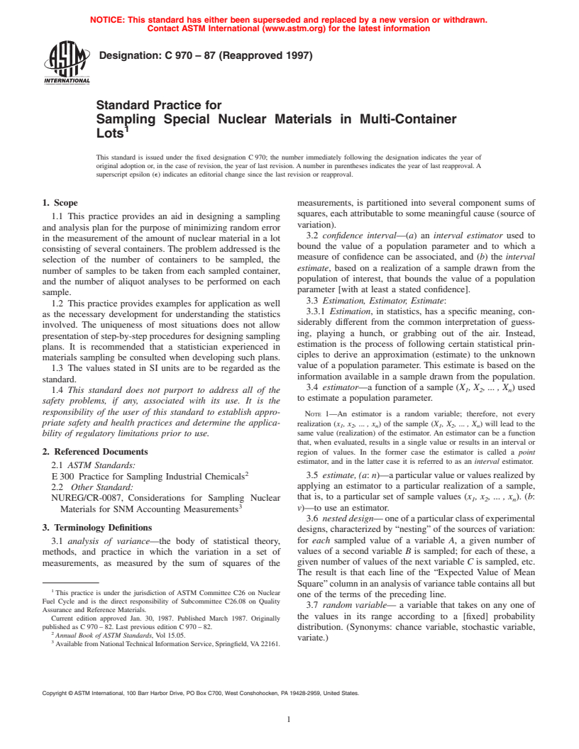 ASTM C970-87(1997) - Standard Practice for Sampling Special Nuclear Materials in Multi-Container Lots