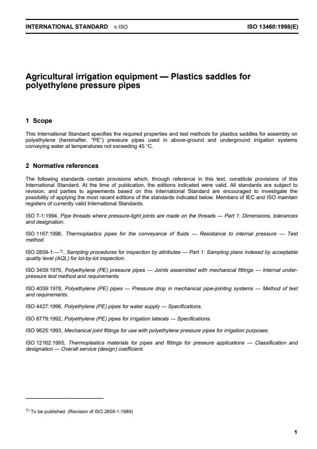 ISO 13460:1998 - Agricultural irrigation equipment -- Plastics saddles for polyethylene pressure pipes