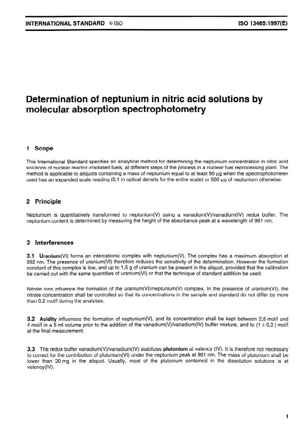 ISO 13465:1997 - Determination of neptunium in nitric acid solutions by molecular absorption spectrophotometry