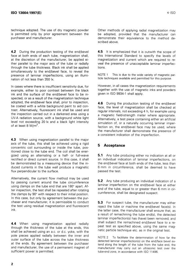 ISO 13664:1997 ISO 13664:1997 - Seamless and welded steel tubes for pressure purposes -- Magnetic particle inspection of the tube ends for the detection of laminar imperfections - Page 4 preview