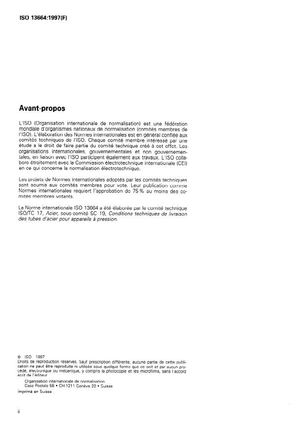 ISO 13664:1997 ISO 13664:1997 - Tubes en acier sans soudure et soudés pour service sous pression -- Contrôle par magnétoscopie des extrémités des tubes pour la détection des dédoublures de laminage - Page 2 preview