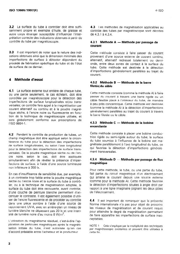 ISO 13665:1997 ISO 13665:1997 - Tubes en acier sans soudure et soudés pour service sous pression -- Contrôle par magnétoscopie du corps des tubes pour la détection des imperfections de surface - Page 4 preview