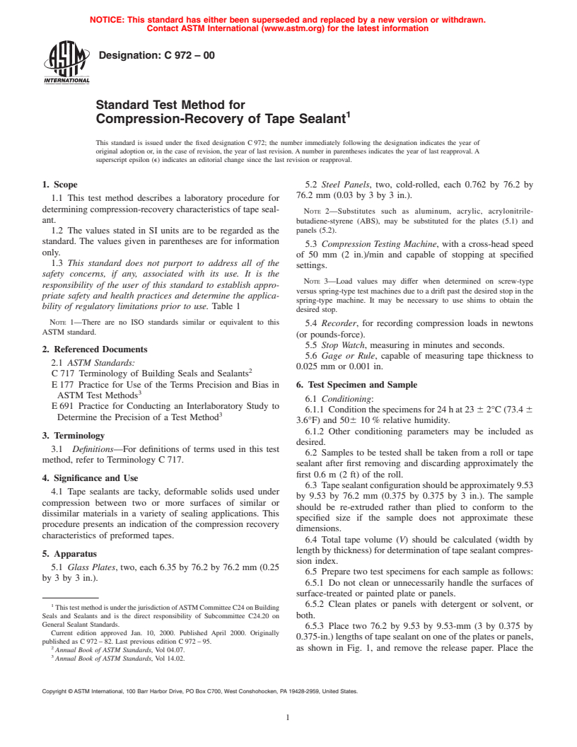 ASTM C972-00 - Standard Test Method for Compression-Recovery of Tape Sealant