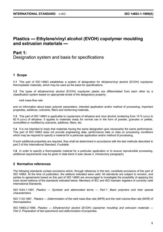 ISO 14663-1:1999 - Plastics -- Ethylene/vinyl alcohol (EVOH) copolymer moulding and extrusion materials
