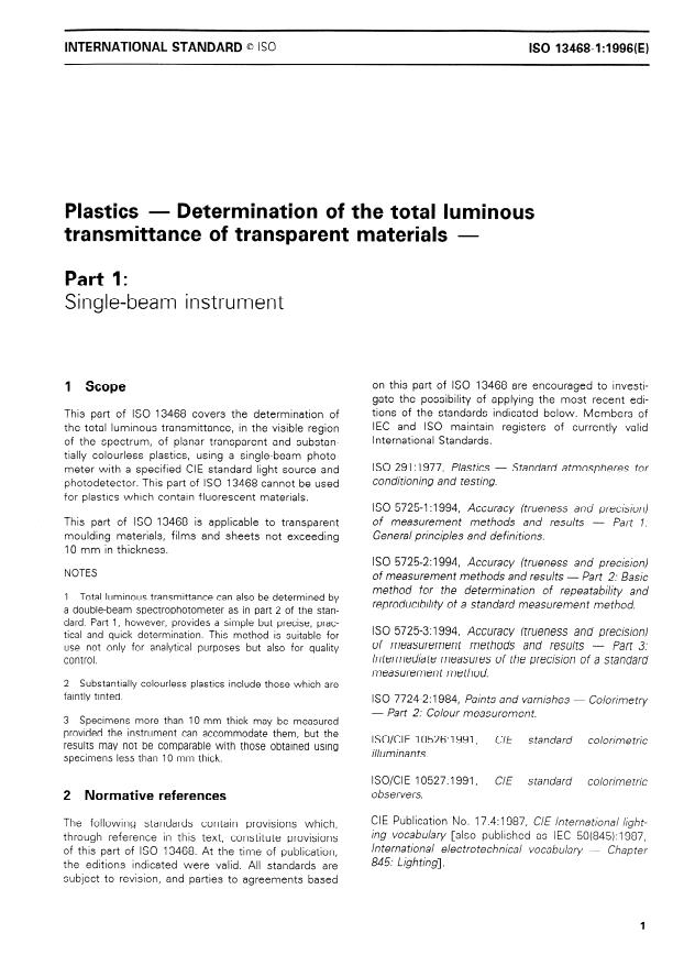 ISO 13468-1:1996 - Plastics -- Determination of the total luminous transmittance of transparent materials