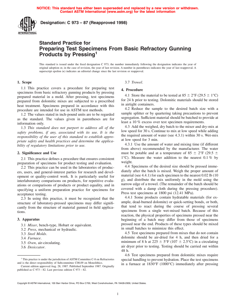 ASTM C973-87(1998) - Standard Practice for Preparing Test Specimens From Basic Refractory Gunning Products by Pressing