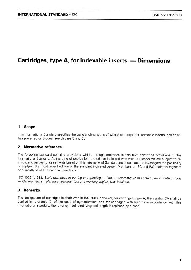 ISO 5611:1995 - Cartridges, type A, for indexable inserts -- Dimensions
