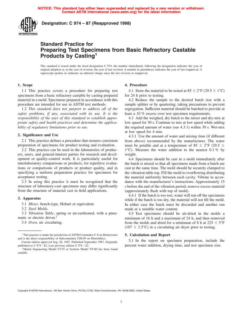 ASTM C974-87(1998) - Standard Practice for Preparing Test Specimens from Basic Refractory Castable Products by Casting