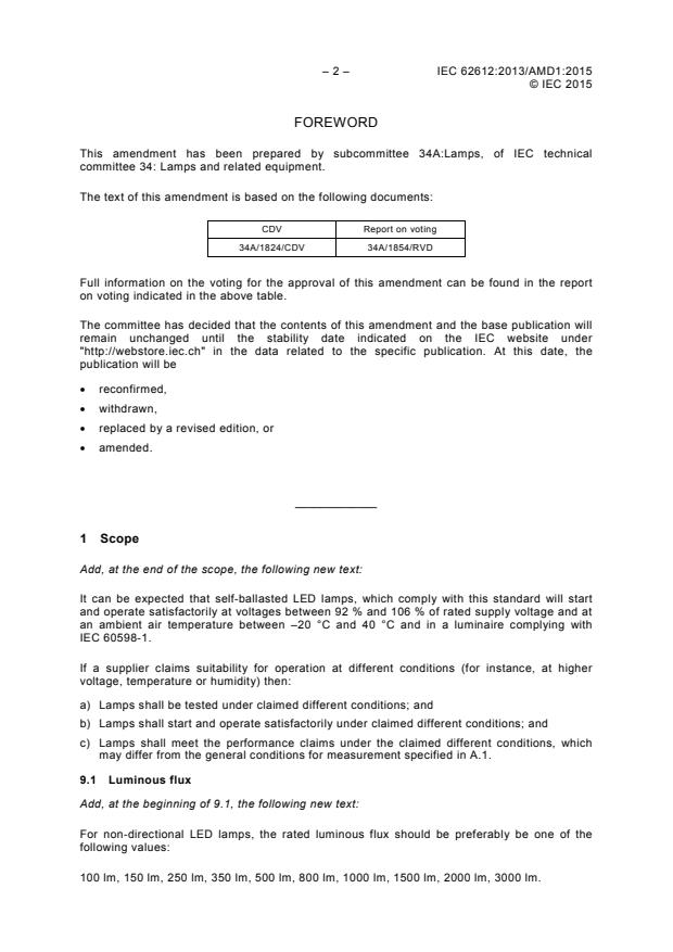 IEC 62612:2013/AMD1:2015 IEC 62612:2013/AMD1:2015 - Amendment 1 - Self-ballasted LED lamps for general lighting services with supply voltages > 50 V - Performance requirements - Page 4 preview