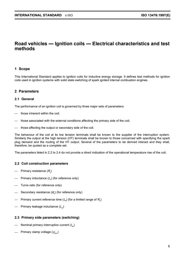ISO 13476:1997 - Road vehicles -- Ignition coils -- Electrical characteristics and test methods