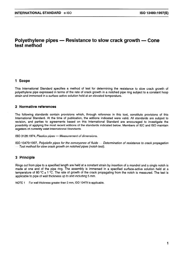 ISO 13480:1997 - Polyethylene pipes -- Resistance to slow crack growth -- Cone test method