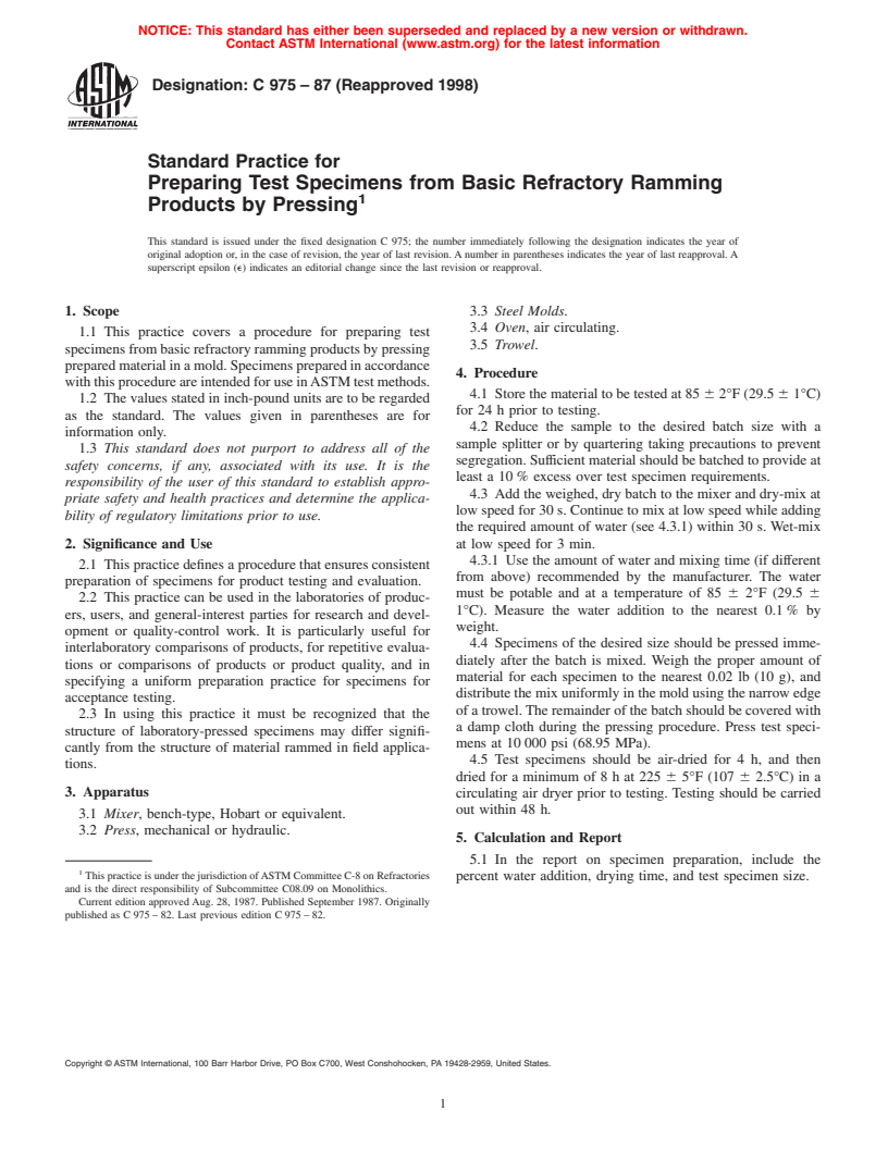 ASTM C975-87(1998) - Standard Practice for Preparing Test Specimens from Basic Refractory Ramming Products by Pressing