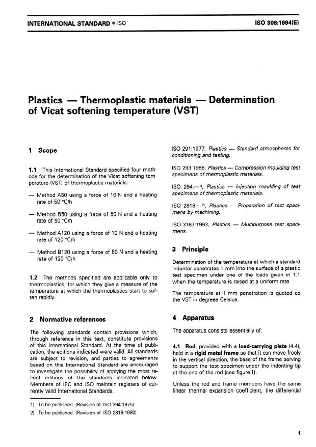 ISO 306:1994 - Plastics -- Thermoplastic materials -- Determination of Vicat softening temperature (VST)