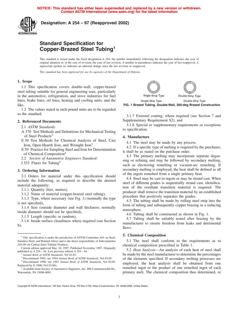 ASTM A254-97(2002) - Standard Specification for Copper-Brazed Steel Tubing