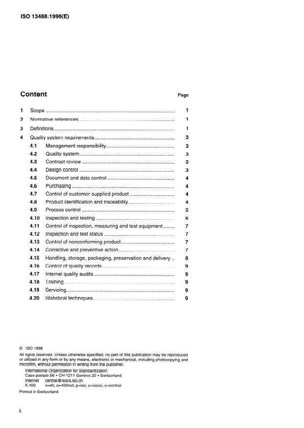 ISO 13488:1996 ISO 13488:1996 - Quality systems -- Medical devices -- Particular requirements for the application of ISO 9002 - Page 2 preview