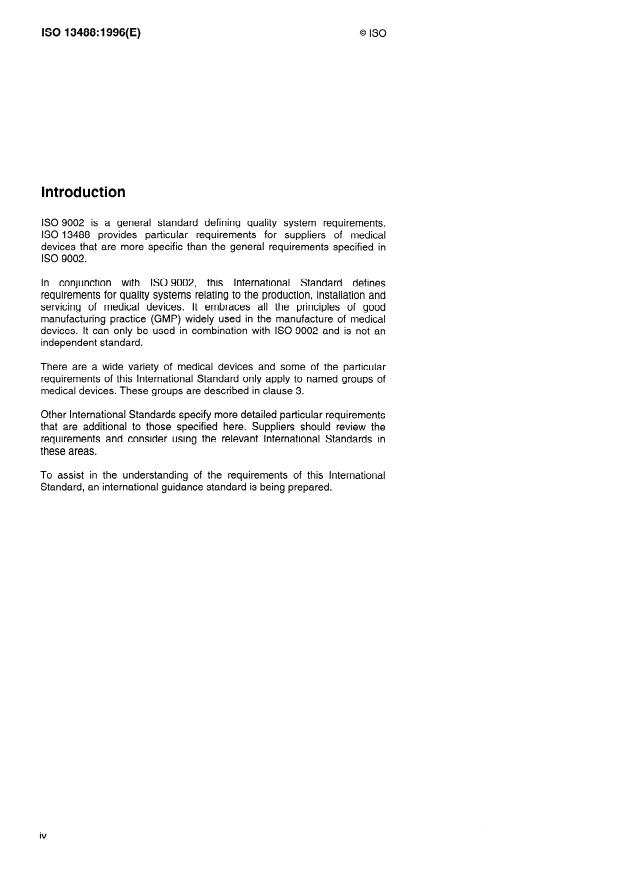 ISO 13488:1996 ISO 13488:1996 - Quality systems -- Medical devices -- Particular requirements for the application of ISO 9002 - Page 4 preview