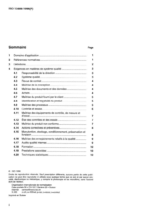ISO 13488:1996 ISO 13488:1996 - Systemes qualité -- Dispositifs médicaux -- Exigences particulieres relatives a l'application de l'ISO 9002 - Page 2 preview