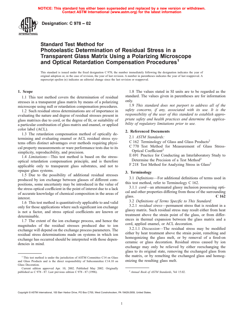 ASTM C978-02 - Standard Test Method for Photoelastic Determination of Residual Stress in a Transparent Glass Matrix Using a Polarizing Microscope and Optical Retardation Compensation Procedures