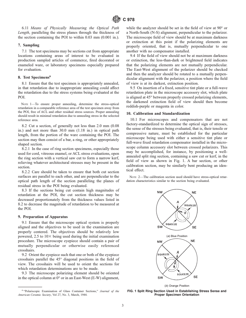 ASTM C978-02 - Standard Test Method for Photoelastic Determination of Residual Stress in a Transparent Glass Matrix Using a Polarizing Microscope and Optical Retardation Compensation Procedures