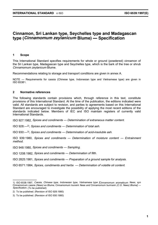 ISO 6539:1997 - Cinnamon, Sri Lankan type, Seychelles type and Madagascan type (Cinnamomum zeylanicum Blume) -- Specification