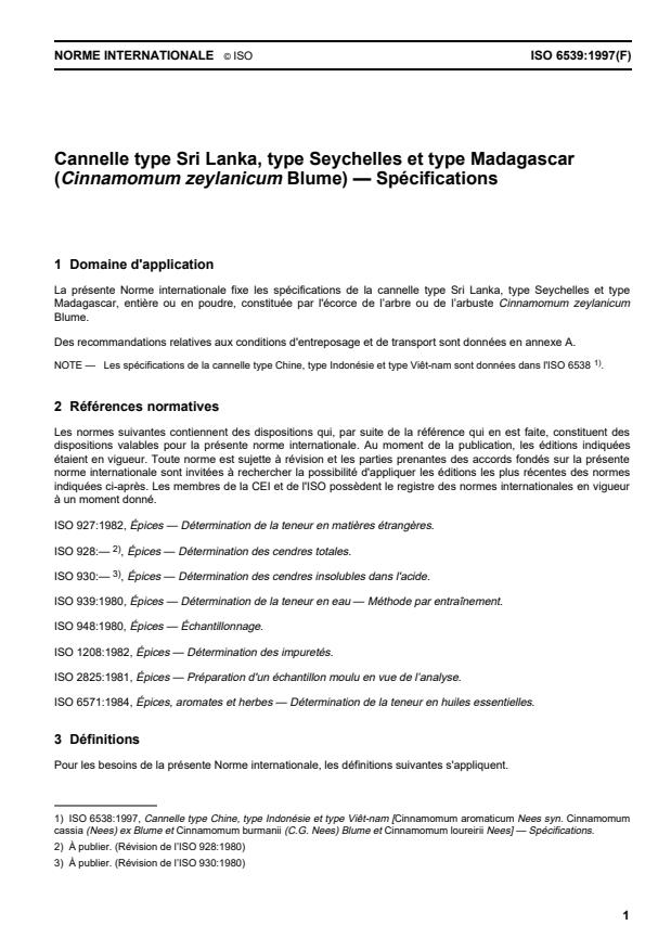 ISO 6539:1997 - Cannelle type Sri Lanka, type Seychelles et type Madagascar (Cinnamomum zeylanicum Blume) -- Spécifications