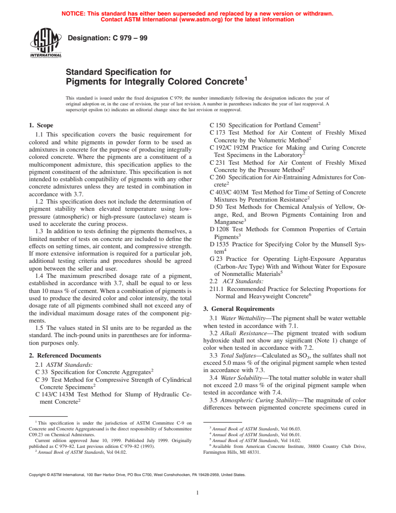 ASTM C979-99 - Standard Specification for Pigments for Integrally Colored Concrete