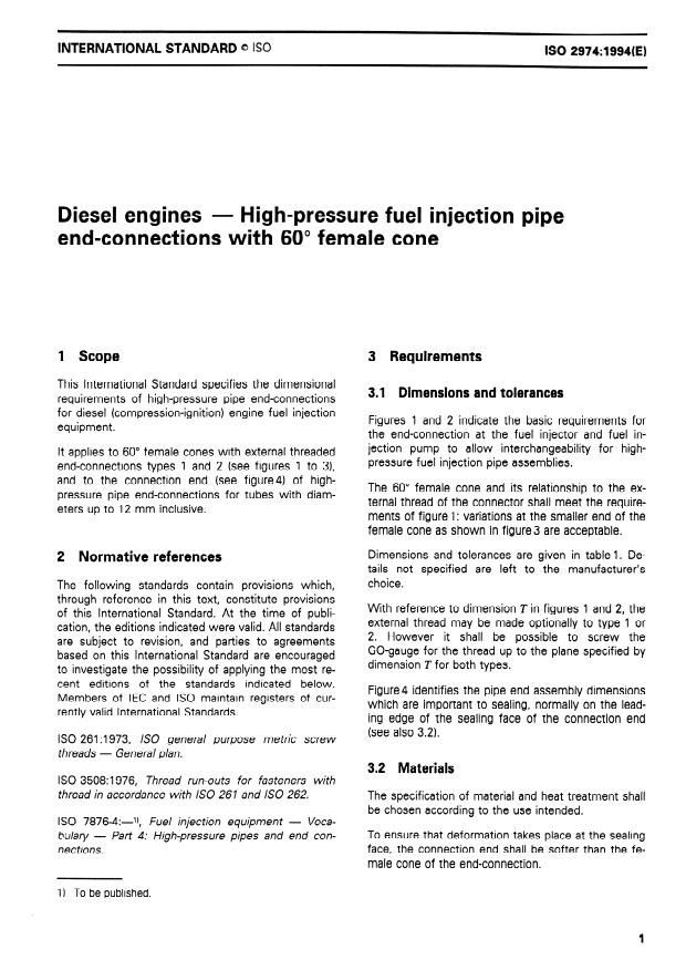 ISO 2974:1994 - Diesel engines -- High-pressure fuel injection pipe end-connections with 60 degree female cone