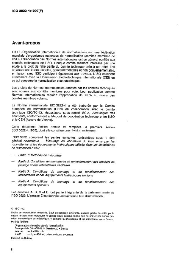 ISO 3822-4:1997 ISO 3822-4:1997 - Acoustique -- Mesurage en laboratoire du bruit émis par les robinetteries et les équipements hydrauliques utilisés dans les installations de distribution d'eau - Page 2 preview