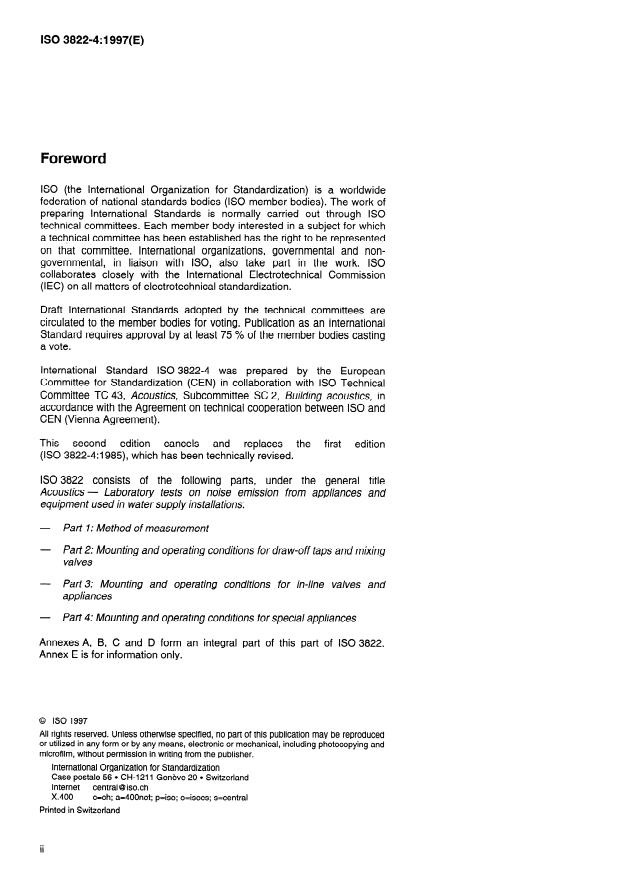 ISO 3822-4:1997 ISO 3822-4:1997 - Acoustics -- Laboratory tests on noise emission from appliances and equipment used in water supply installations - Page 2 preview