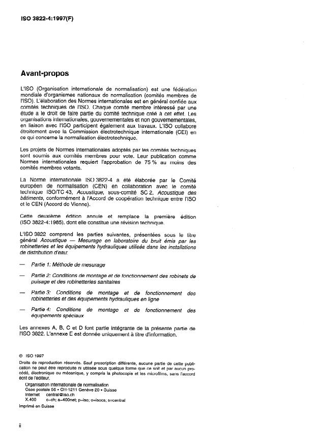 ISO 3822-4:1997 ISO 3822-4:1997 - Acoustique -- Mesurage en laboratoire du bruit émis par les robinetteries et les équipements hydrauliques utilisés dans les installations de distribution d'eau - Page 2 preview
