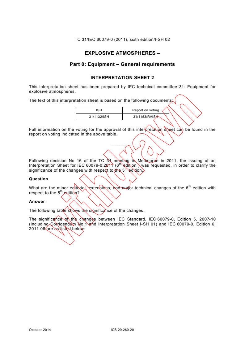 IEC 60079-0:2011/ISH2:2014 - Interpretation sheet 2 - Explosive atmospheres - Part 0: Equipment - General requirements
Released:10/8/2014