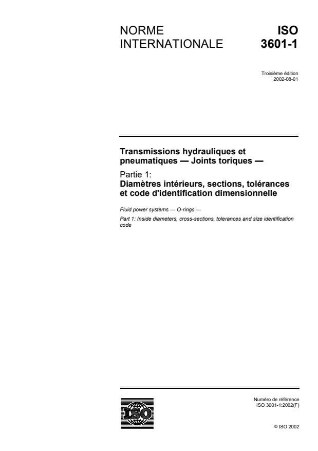 ISO 3601-1:2002 - Transmissions hydrauliques et pneumatiques -- Joints toriques