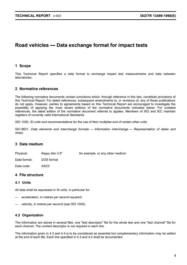 ISO/TR 13499:1998 - Road vehicles -- Data exchange format for impact tests